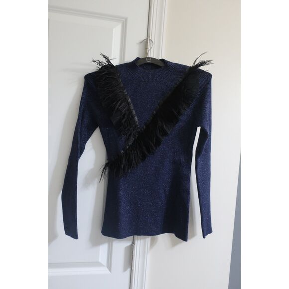 Navy Shimmer Ribbed Knit Sweater Feather Fringe Women Small Pristine Condition - Picture 1 of 7